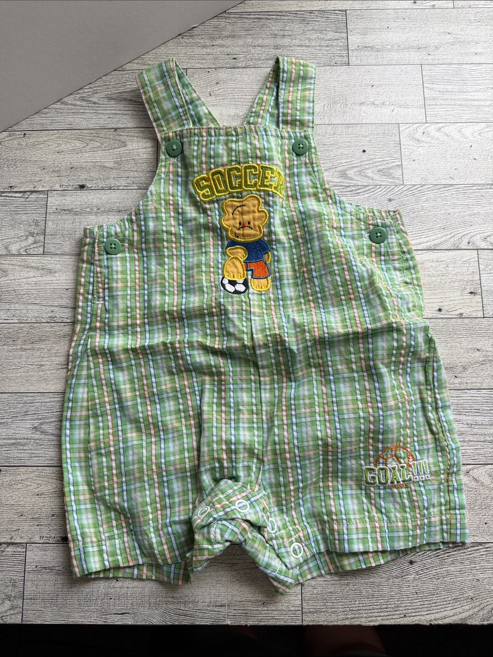 okie dokie Green Plaid Soccer Bear Overalls